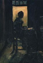 Крестьянка, сидящая перед открытой дверью за чисткой картофеля